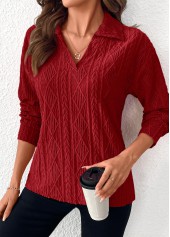 Wine Red Lace Long Sleeve Turn Down Collar Blouse | thumb picture 