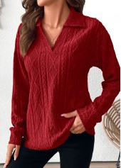 Wine Red Lace Long Sleeve Turn Down Collar Blouse | thumb picture 