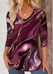 Dark Reddish Purple Cut Out Marble Print T Shirt