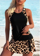 Ruched Detail Leopard Black Tankini Set