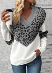 Grey Patchwork Leopard Long Sleeve V Neck Sweater