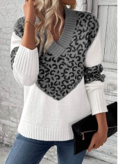 Grey Patchwork Leopard Long Sleeve V Neck Sweater | thumb picture 