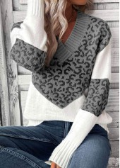 Grey Patchwork Leopard Long Sleeve V Neck Sweater | thumb picture 