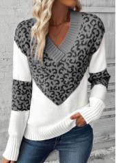 Grey Patchwork Leopard Long Sleeve V Neck Sweater | thumb picture 
