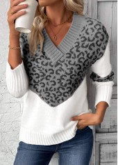 Grey Patchwork Leopard Long Sleeve V Neck Sweater | thumb picture 