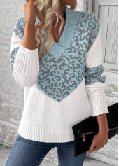 Light Blue Patchwork Leopard Long Sleeve V Neck Sweater | thumb picture 