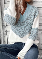 Light Blue Patchwork Leopard Long Sleeve V Neck Sweater | thumb picture 