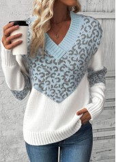 Light Blue Patchwork Leopard Long Sleeve V Neck Sweater