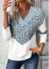 Light Blue Patchwork Leopard Long Sleeve V Neck Sweater | thumb picture 