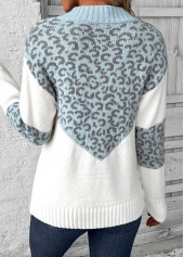 Light Blue Patchwork Leopard Long Sleeve V Neck Sweater | thumb picture 