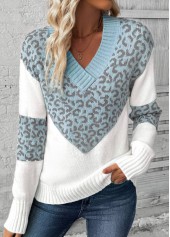 Light Blue Patchwork Leopard Long Sleeve V Neck Sweater | thumb picture 