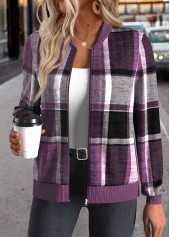 Purple Zipper Plaid Long Sleeve Stand Collar Jacket