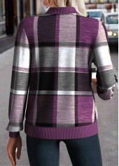 Purple Zipper Plaid Long Sleeve Stand Collar Jacket | thumb picture 