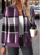 Purple Zipper Plaid Long Sleeve Stand Collar Jacket | thumb picture 