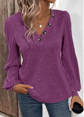 Purple Button Long Sleeve V Neck T Shirt