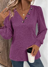 Purple Button Long Sleeve V Neck T Shirt | thumb picture 