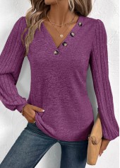 Purple Button Long Sleeve V Neck T Shirt | thumb picture 