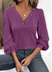 Purple Button Long Sleeve V Neck T Shirt | thumb picture 