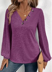 Purple Button Long Sleeve V Neck T Shirt | thumb picture 