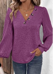Purple Button Long Sleeve V Neck T Shirt | thumb picture 