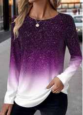 Purple Patchwork Ombre Long Sleeve Round Neck T Shirt