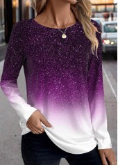 Purple Patchwork Ombre Long Sleeve Round Neck T Shirt | thumb picture 