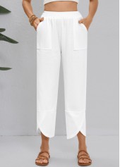 White Straight Leg Elastic Waist High Waisted Pants