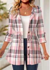 Pink Button Plaid Long Sleeve Coat