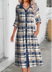 Multi Color Button Plaid Long Sleeve Shirt Collar Dress