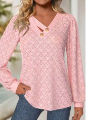 Light Pink Jacquard Long Sleeve V Neck T Shirt