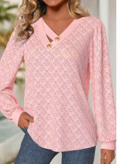 Light Pink Jacquard Long Sleeve V Neck T Shirt | thumb picture 