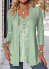 Light Green Button Geometric Print Fake Two Piece Twinset