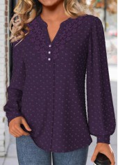 Purple Embroidery Long Sleeve Split Neck Blouse | thumb picture 