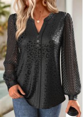 Black Jacquard Long Sleeve Split Neck Blouse