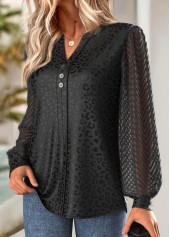 Black Jacquard Long Sleeve Split Neck Blouse | thumb picture 