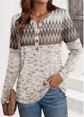 Light Coffee Button Chevron Print Long Sleeve T Shirt