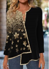Black Patchwork Ombre Long Sleeve Split Neck Blouse