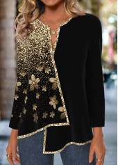 Black Patchwork Ombre Long Sleeve Split Neck Blouse | thumb picture 