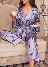 Purple Floral Print Belted Lounge Top and Pants