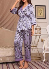 Purple Floral Print Belted Lounge Top and Pants | thumb picture 