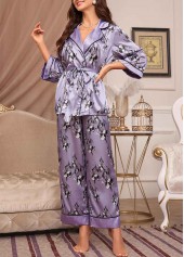 Purple Floral Print Belted Lounge Top and Pants | thumb picture 