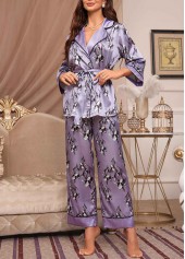 Purple Floral Print Belted Lounge Top and Pants | thumb picture 
