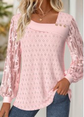 Light Pink Lace Long Sleeve Asymmetrical Neck T Shirt