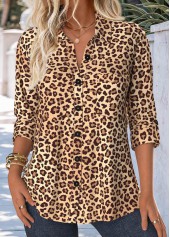 Light Camel Button Leopard Long Sleeve Shirt