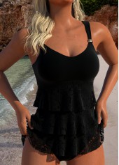 Lace Black V Neck Tankini Set