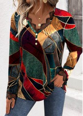 Multi Color Embroidery Geometric Print Long Sleeve T Shirt