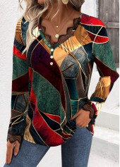 Multi Color Embroidery Geometric Print Long Sleeve T Shirt | thumb picture 