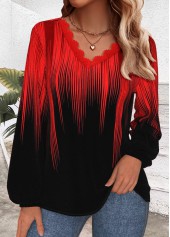 Red Embroidery Ombre Long Sleeve V Neck T Shirt