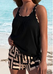 Contrast Binding Geometric Print Black Tankini Set
