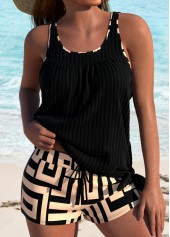 Contrast Binding Geometric Print Black Tankini Set | thumb picture 